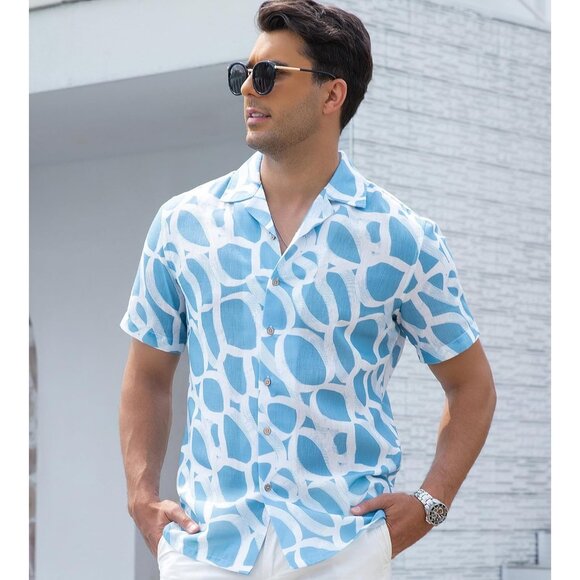 Men Blue White Short Sleeve Button Up Casual Shirt Lightweight Summer Beach - Picture 2 of 5